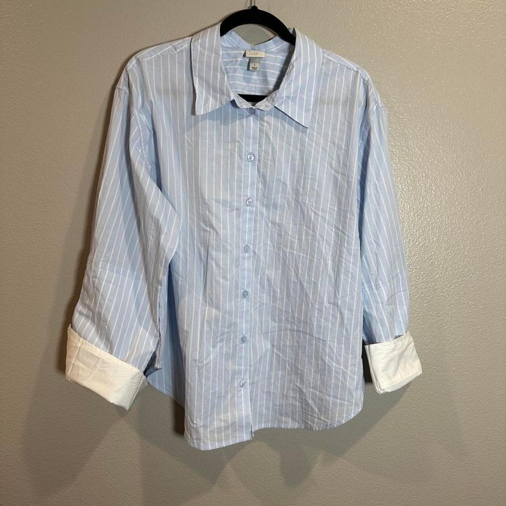 A New Day Blue White Striped Cotton Button Down Shirt Large RN17730 VN1247024